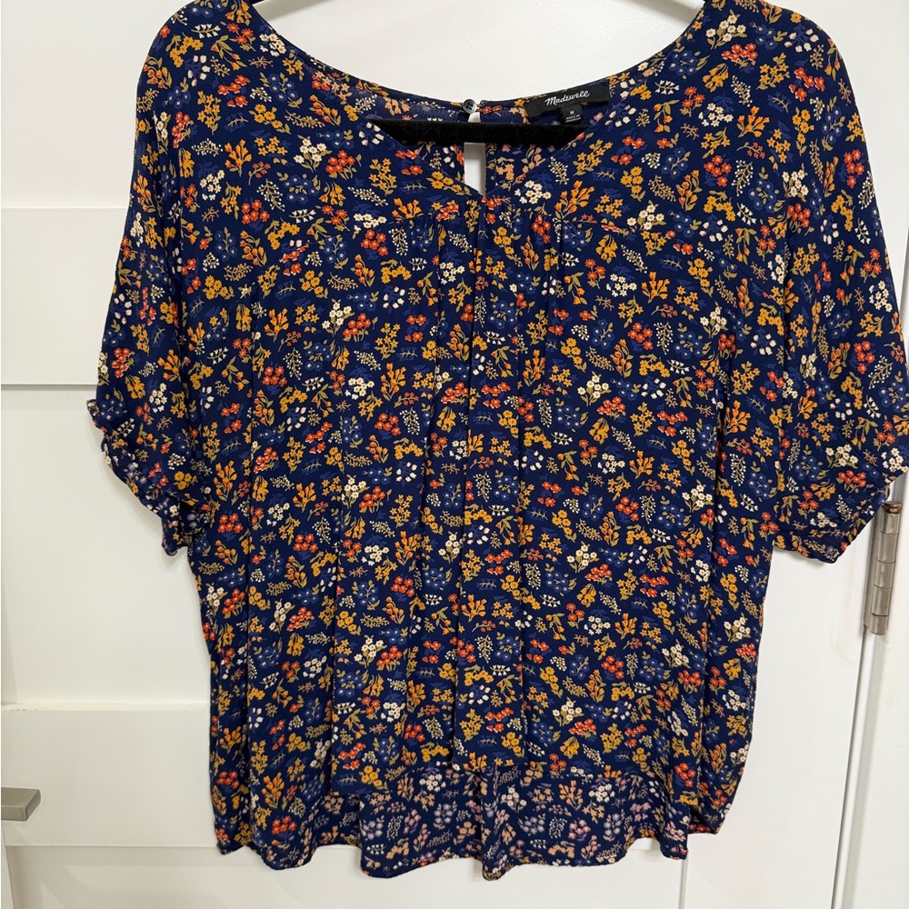Madewell Blue and Orange Puff Sleeve Blouse